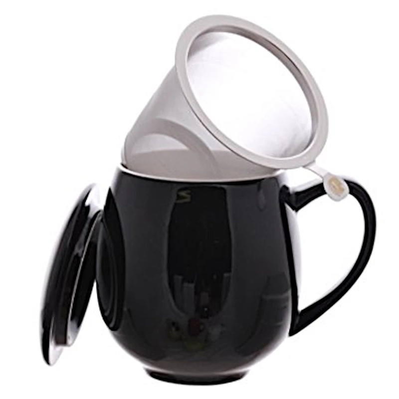 Taza Porcelana negra para Infusiones o Té (0.35 L), Filtro y Tapa